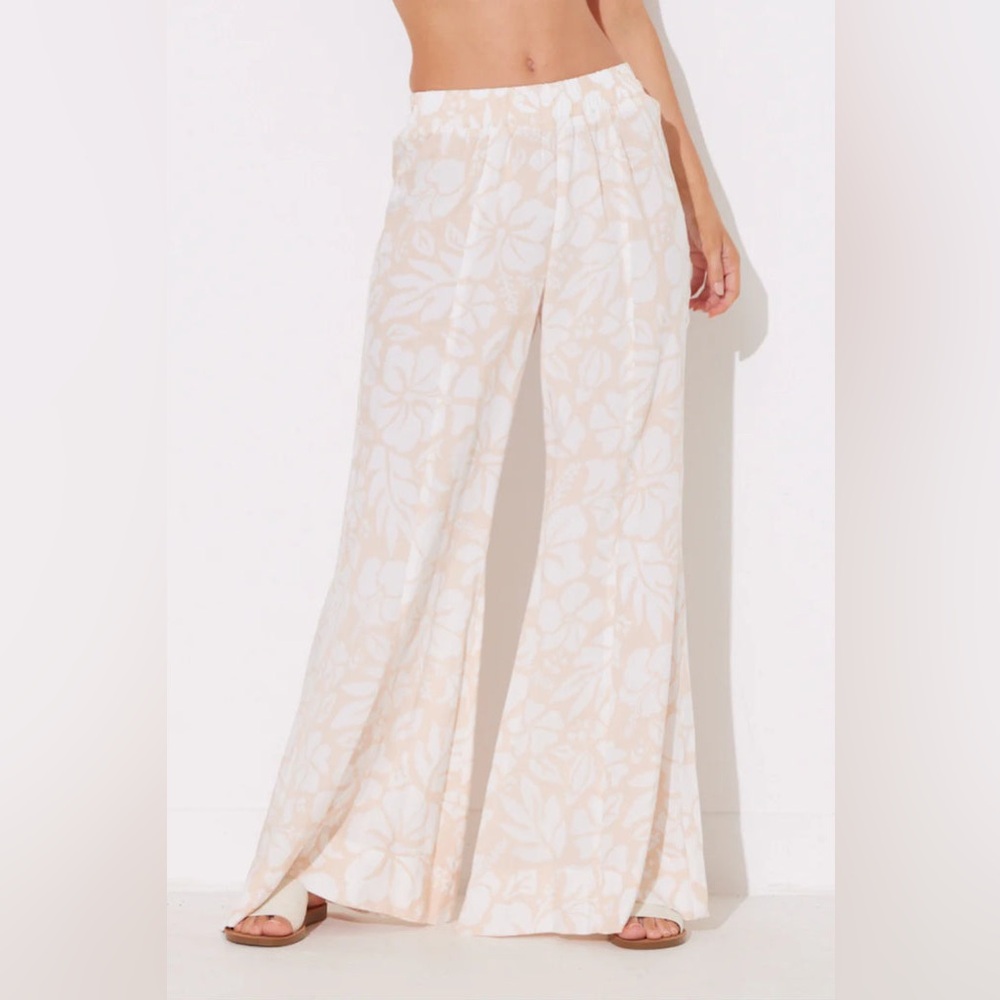 Wide Leg Pull On Pants Elastic Waistband Tropical Beach Print